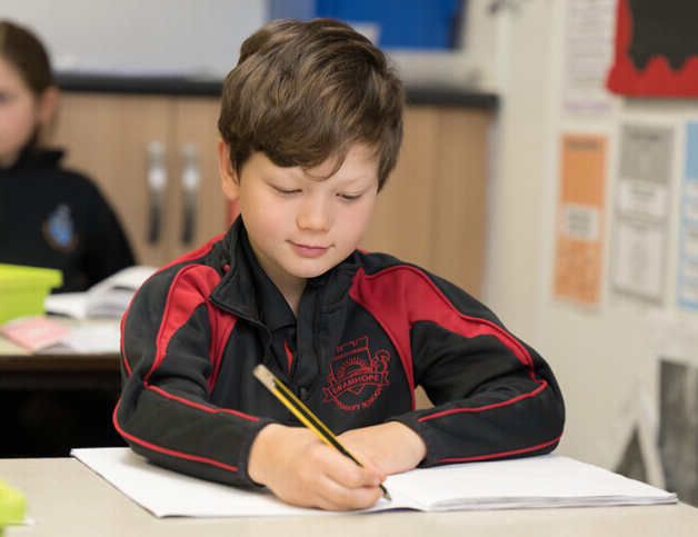 Child writing in exercise book.