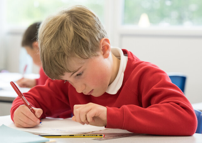 Child writing in exercise book.