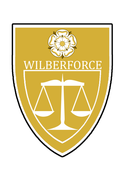 Yellow Wilberforce Shield with weighing scales icon.
